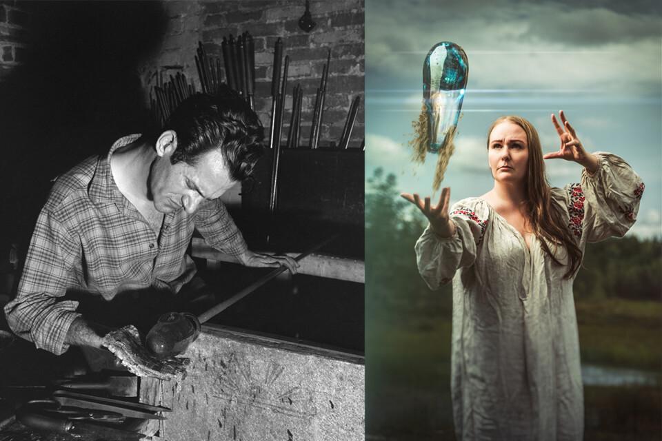 Left: Master glassblower Armando Jacobino manufactures a glass jug at the Kumela Glass Factory in Riihimäki in 1959. Photo: UA Saarinen, JOKA Journalistic Image Archive, Finnish Heritage Agency. Right: Glass artist Sini Majuri with her flying glassware. Photo Juha-Matti Vahdersalo.